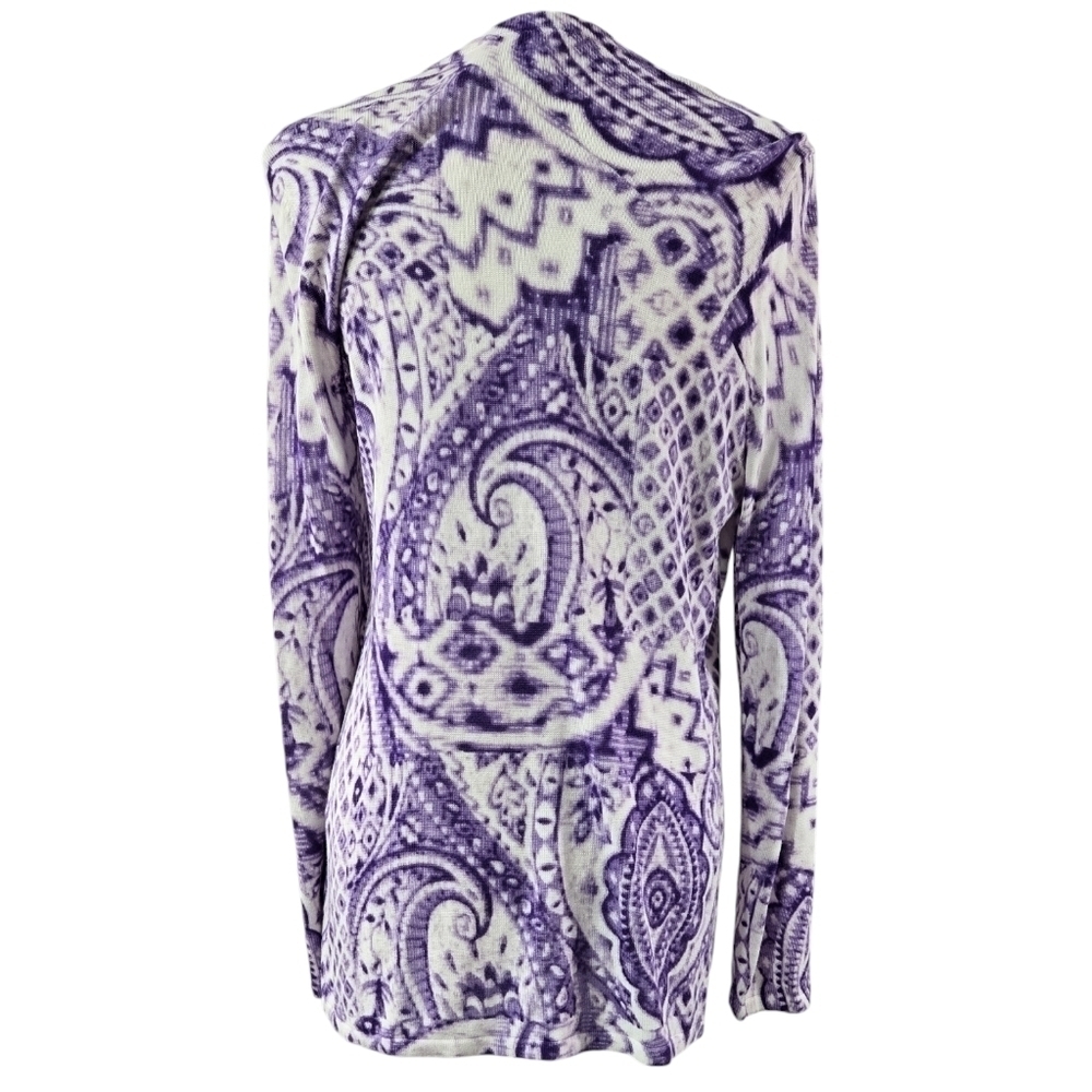 Chico's Purple White Paisley Open Front Lightweight Longline Cardigan Boho - Picture 2 of 7